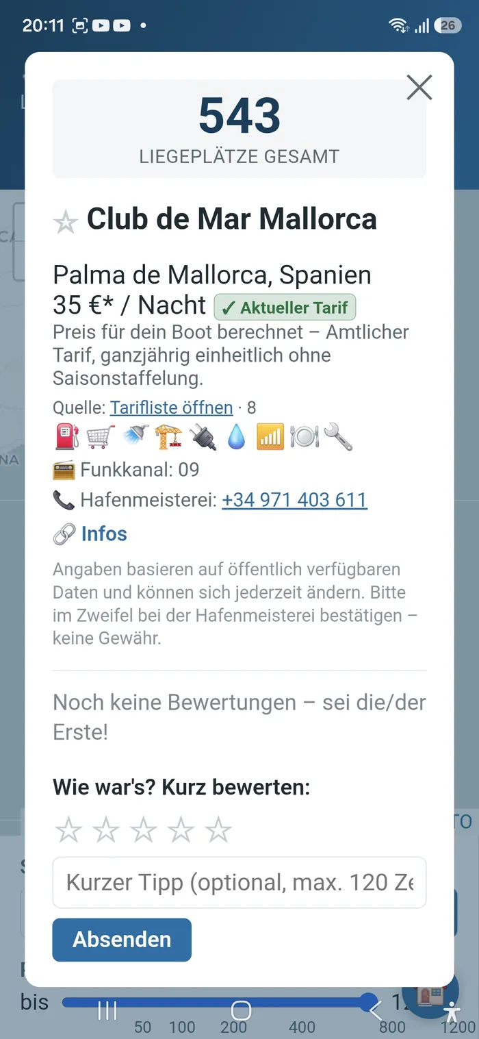 Screenshot: Marina-Detailansicht mit Ausstattung und Bewertungsfunktion