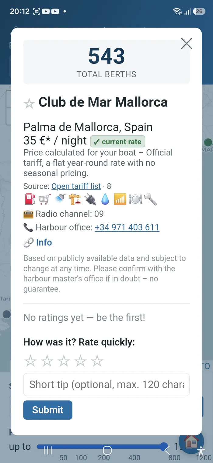 Screenshot: Marina-Detailansicht mit Ausstattung und Bewertungsfunktion