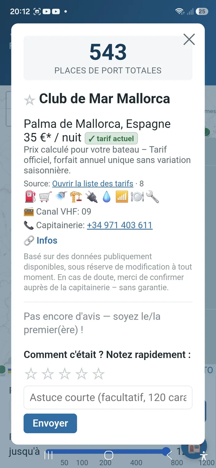 Screenshot: Marina-Detailansicht mit Ausstattung und Bewertungsfunktion