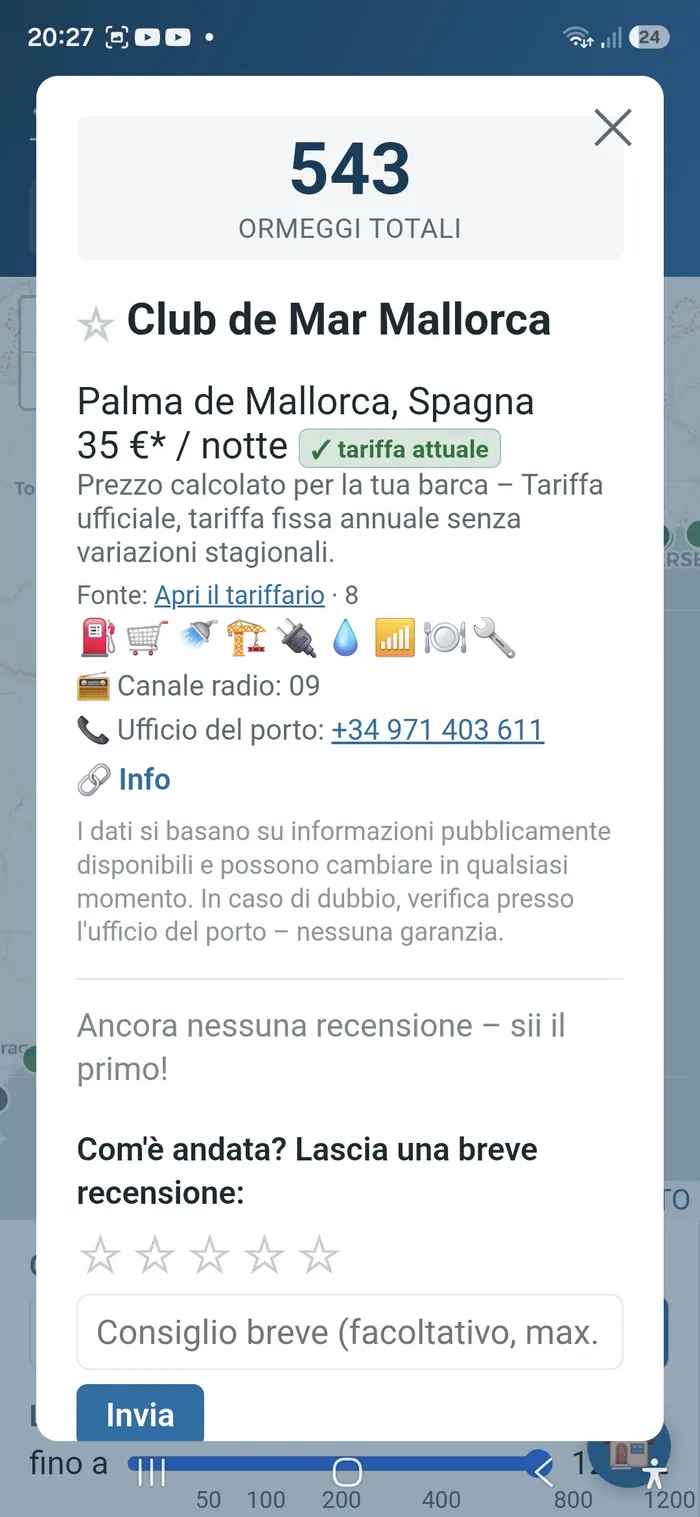 Screenshot: Marina-Detailansicht mit Ausstattung und Bewertungsfunktion