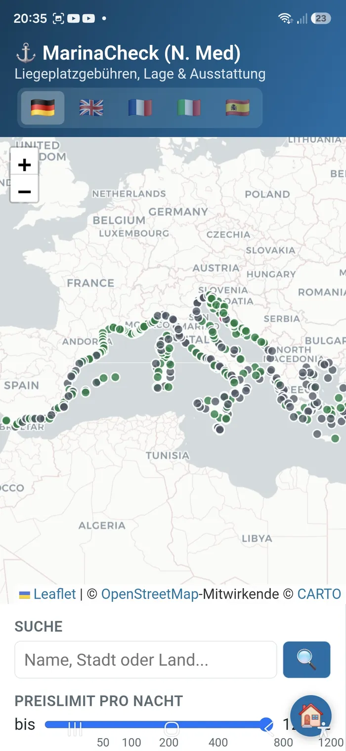 Echter Screenshot der App: Kartenübersicht mit einzelnen Marinas