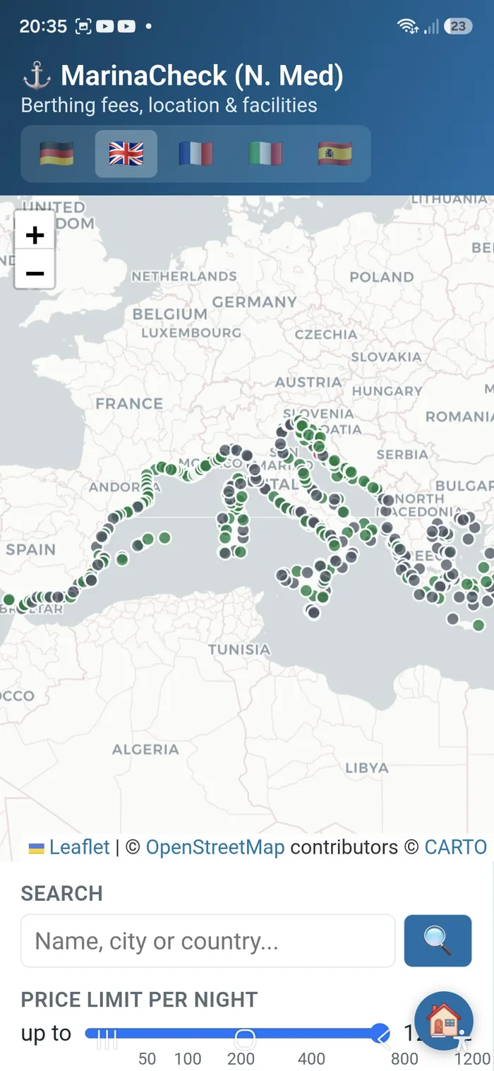 Echter Screenshot der App: Kartenübersicht mit einzelnen Marinas