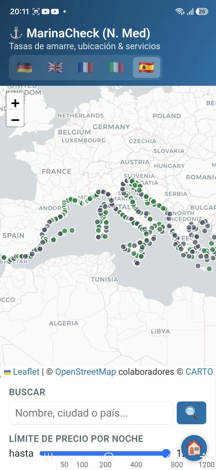 Echter Screenshot der App: Kartenübersicht mit einzelnen Marinas