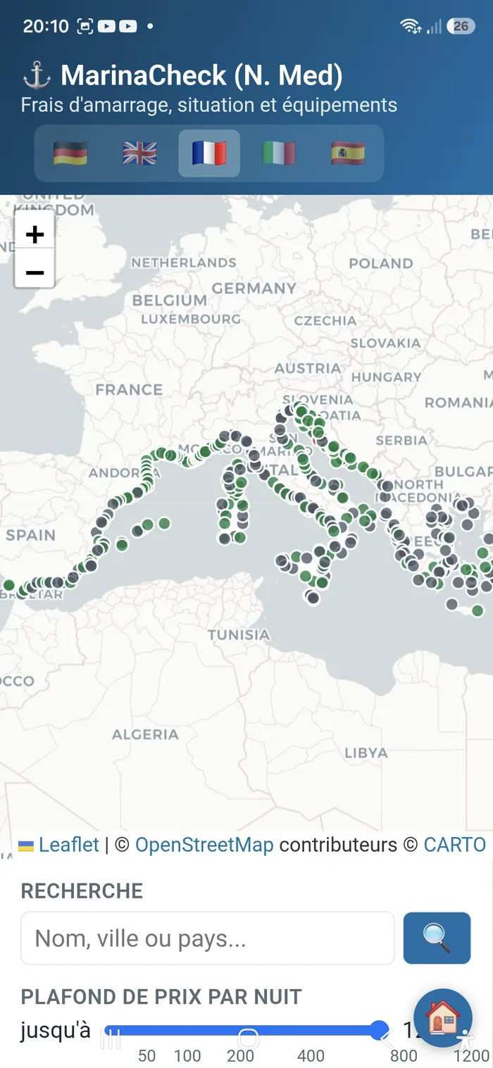 Echter Screenshot der App: Kartenübersicht mit einzelnen Marinas