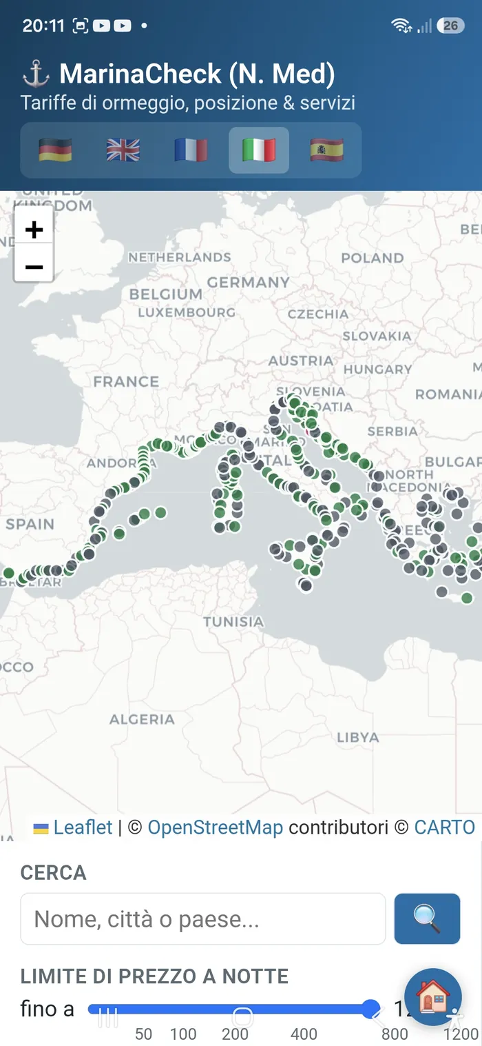 Echter Screenshot der App: Kartenübersicht mit einzelnen Marinas